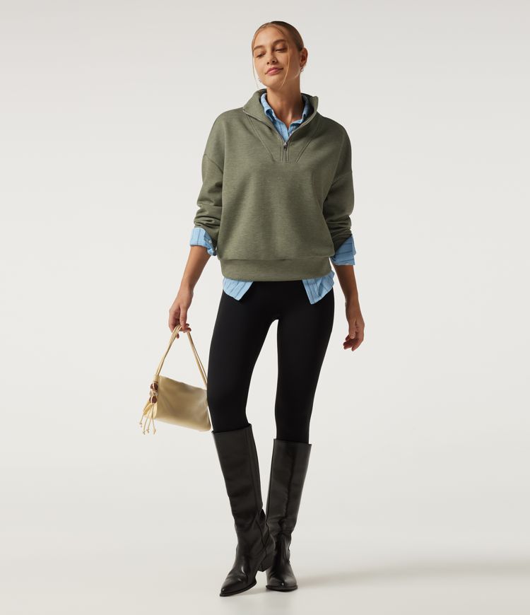 Mock Neck Dropped Half Zip Long Sleeve Casual Sweatshirt