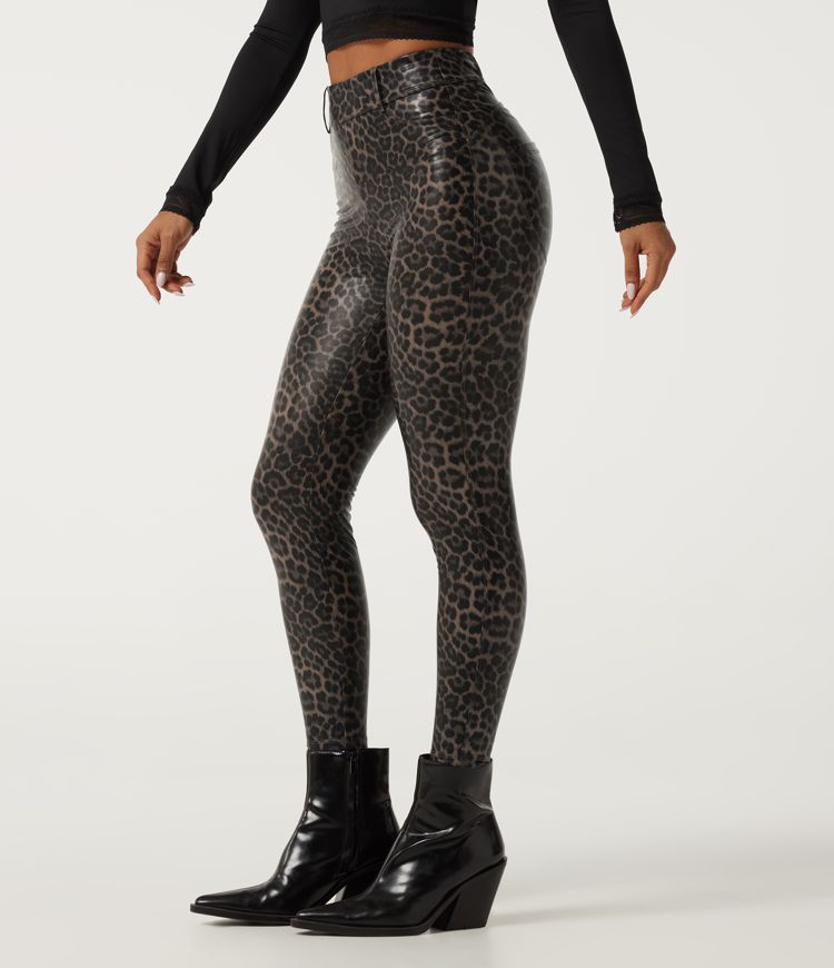 High Waisted Stretchy PU Leopard Print Casual Leggings with Pockets