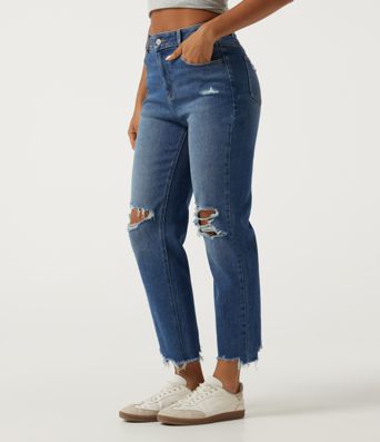 Jeans décontractés taille haute, coupe fuselée, avec poches