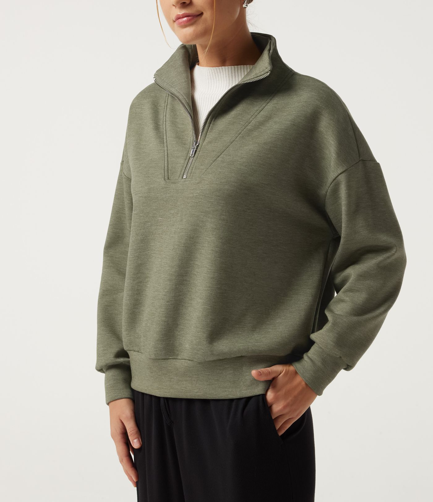 Mock Neck Dropped Half Zip Long Sleeve Casual Sweatshirt