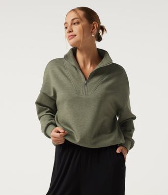 Mock Neck Dropped Half Zip Long Sleeve Casual Sweatshirt