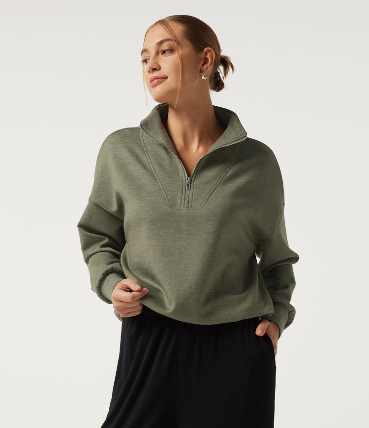 Mock Neck Dropped Half Zip Long Sleeve Casual Sweatshirt
