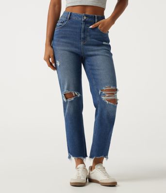 Jeans décontractés taille haute, coupe fuselée, avec poches