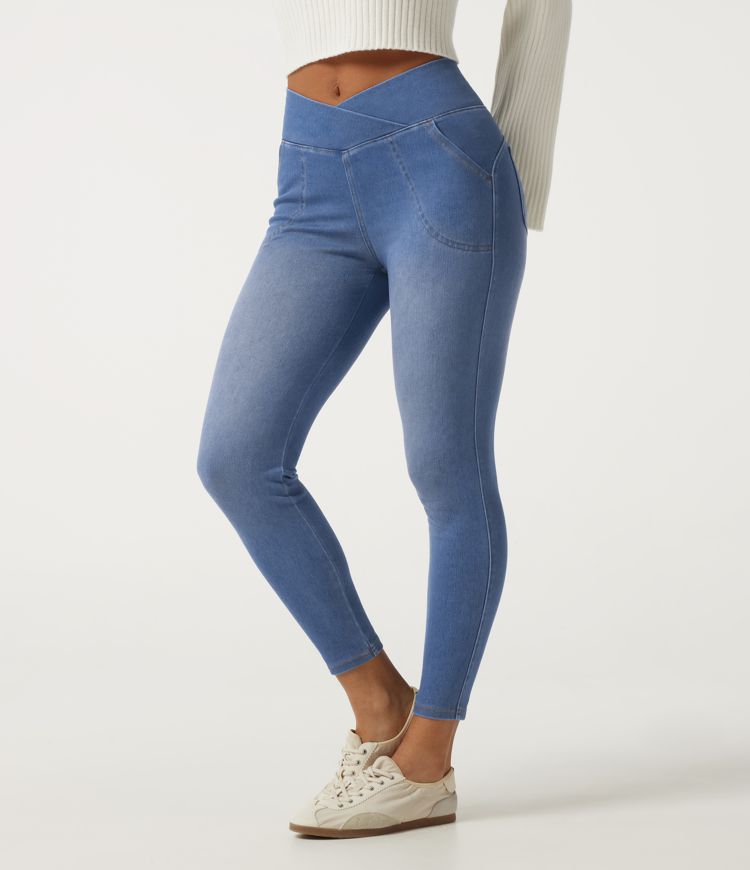 Halara Flex™ High Waisted Crossover Denim Casual Leggings with Pockets Halara Flex™ High Waisted Crossover Denim Casual Leggings with Pockets