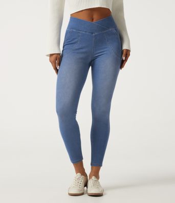 Halara Flex™ High Waisted Crossover Denim Casual Leggings with Pockets Halara Flex™ High Waisted Crossover Denim Casual Leggings with Pockets