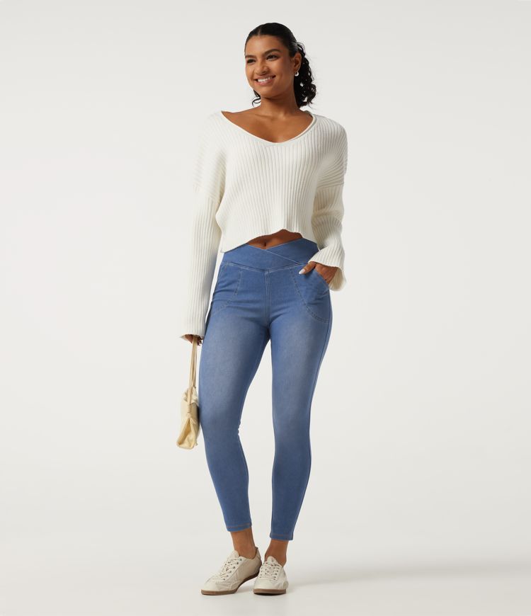 Halara Flex™ High Waisted Crossover Denim Casual Leggings with Pockets Halara Flex™ High Waisted Crossover Denim Casual Leggings with Pockets