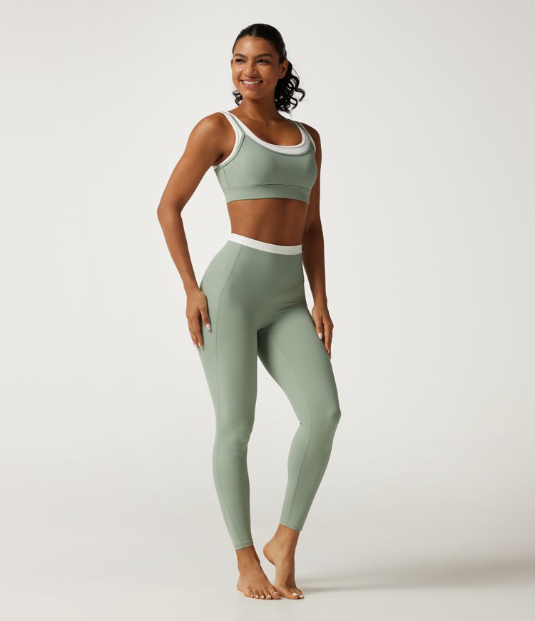 Halara UltraSculpt™ ensemble 2 pièces — col en U, soutien-gorge intégré, brassière de yoga à empiècements bicolores torsadés et leggings skinny gainants à effet ventre plat avec poches