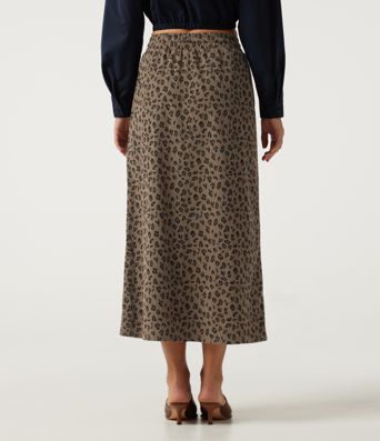 High Waisted Drawstring Leopard Print A-Line Casual Midi Skirt with Pockets