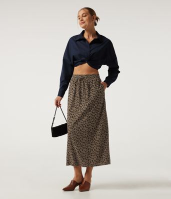 High Waisted Drawstring Leopard Print A-Line Casual Midi Skirt with Pockets