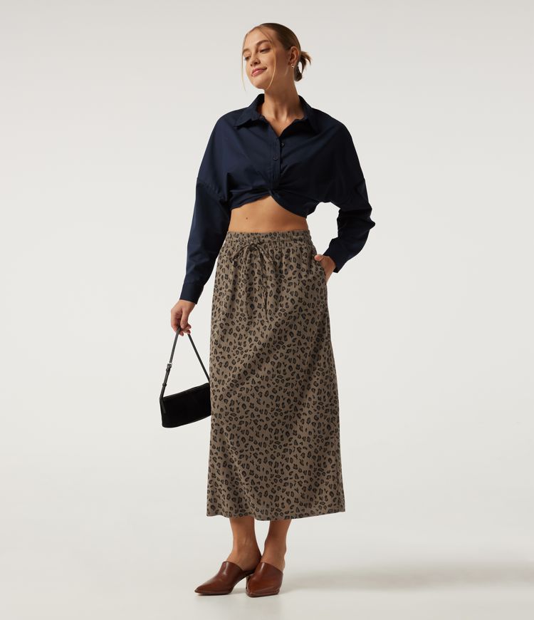 High Waisted Drawstring Leopard Print A-Line Casual Midi Skirt with Pockets