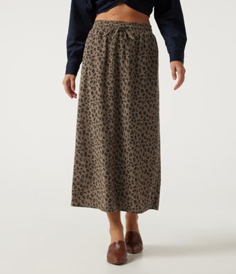 High Waisted Drawstring Leopard Print A-Line Casual Midi Skirt with Pockets