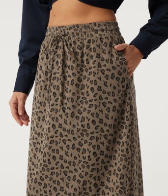 High Waisted Drawstring Leopard Print A-Line Casual Midi Skirt with Pockets