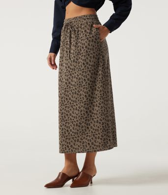 High Waisted Drawstring Leopard Print A-Line Casual Midi Skirt with Pockets