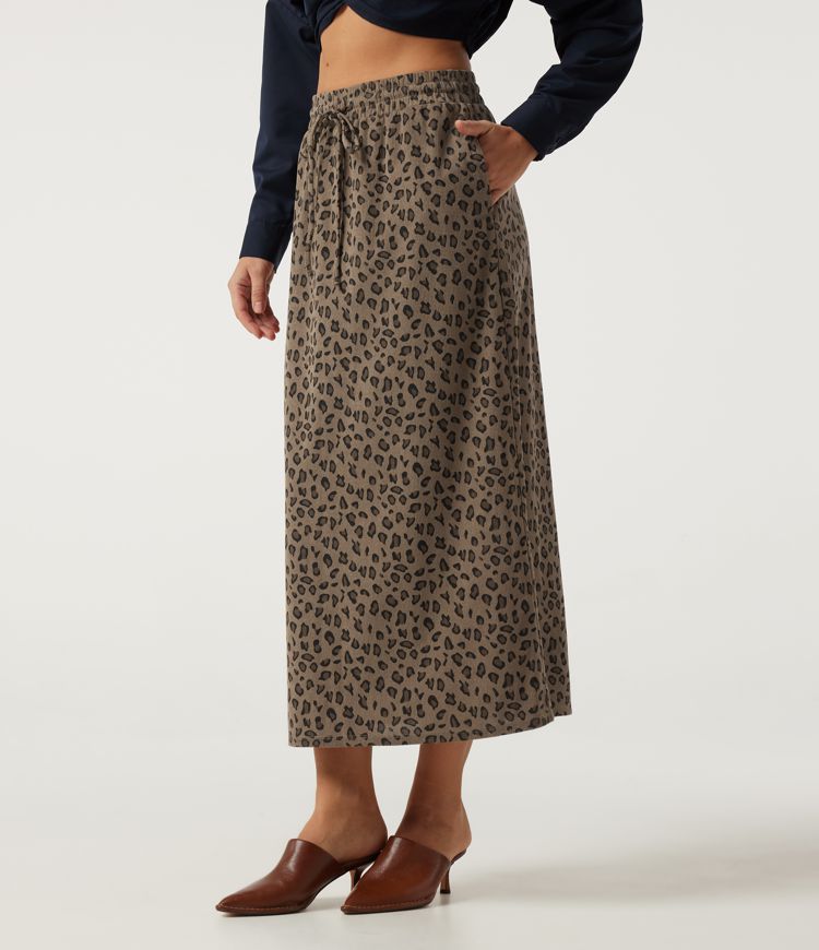 High Waisted Drawstring Leopard Print A-Line Casual Midi Skirt with Pockets