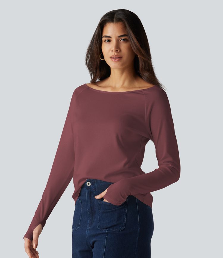 T-shirt en coton Pima à encolure bateau, manches longues et passe-pouces T-shirt en coton Pima à encolure bateau, manches longues et passe-pouces