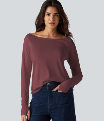 T-shirt en coton Pima à encolure bateau, manches longues et passe-pouces T-shirt en coton Pima à encolure bateau, manches longues et passe-pouces