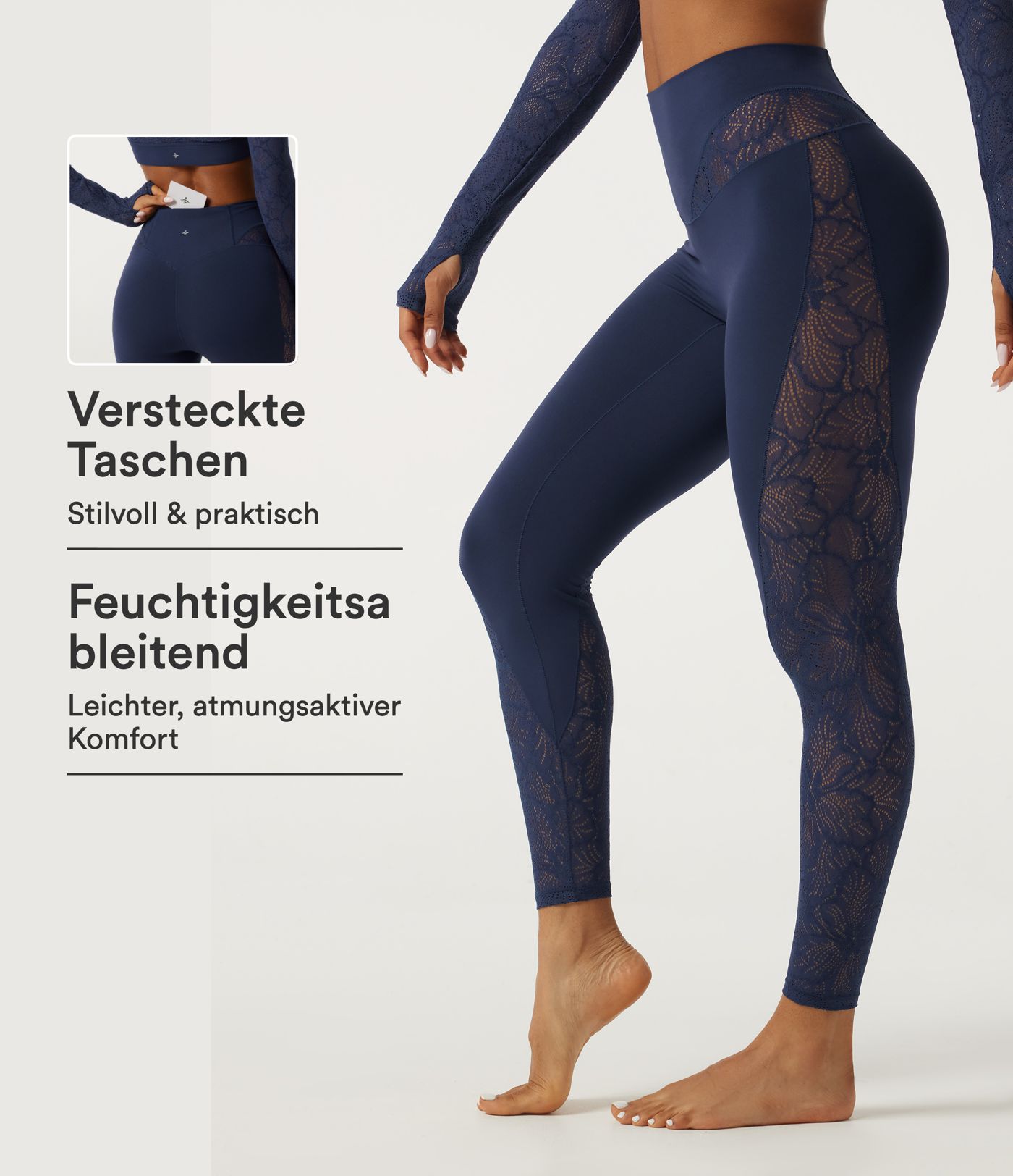 SoftlyZero™ - Yoga-Leggings mit hohem Bund, Bundtasche und Kontrastspitze SoftlyZero™ - Yoga-Leggings mit hohem Bund, Bundtasche und Kontrastspitze