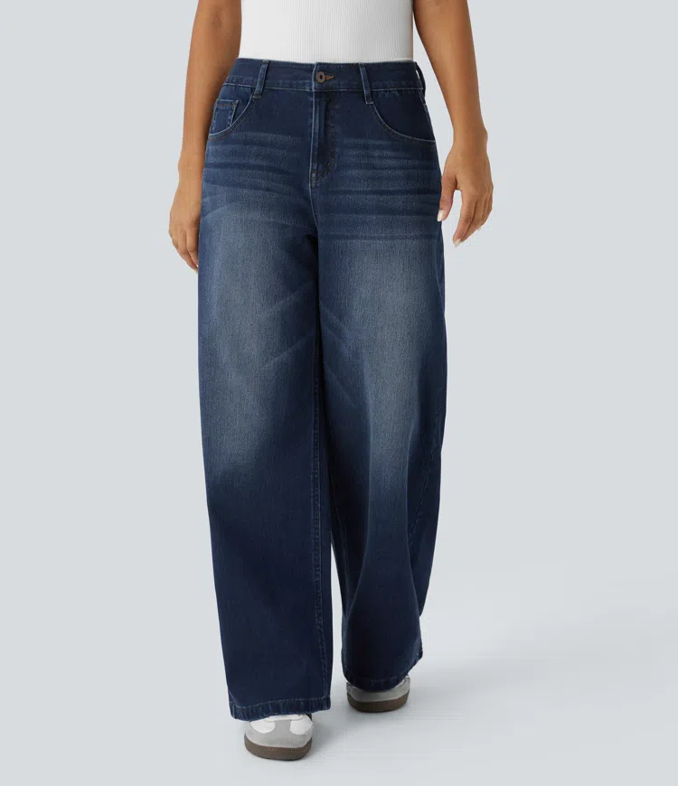 Distressed Denim Dark Blue Halara Flex™ Low Rise Zipper Pockets Washed Baggy Wide Leg Casual Jeans / 1