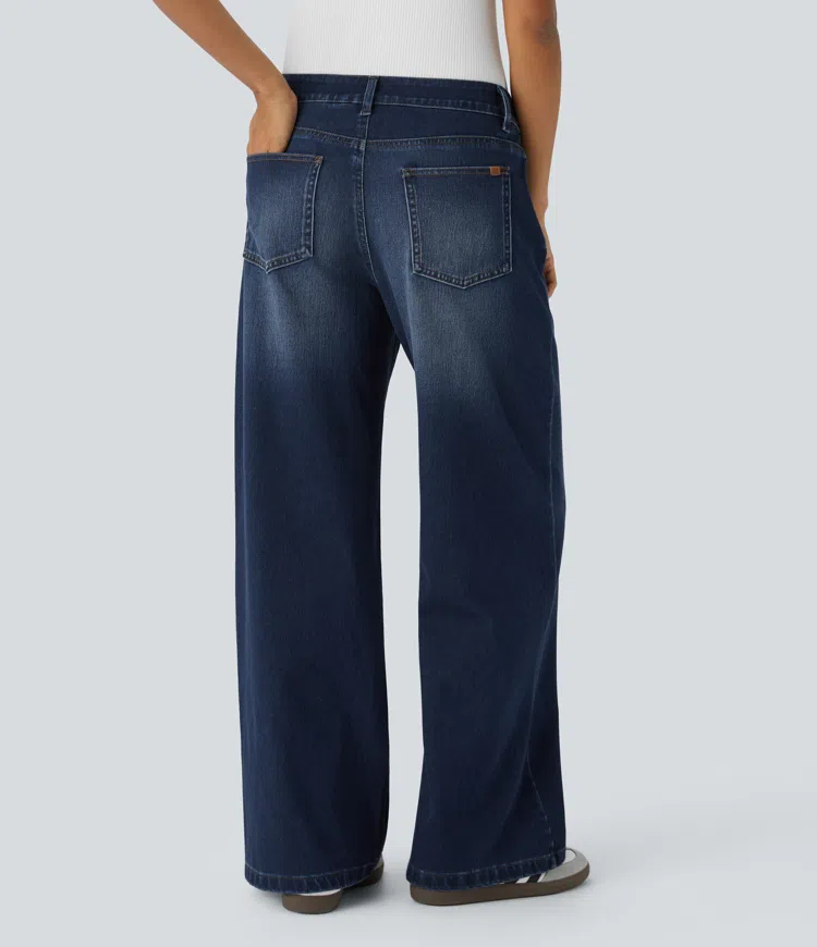 Distressed Denim Dark Blue Halara Flex™ Low Rise Zipper Pockets Washed Baggy Wide Leg Casual Jeans / 2