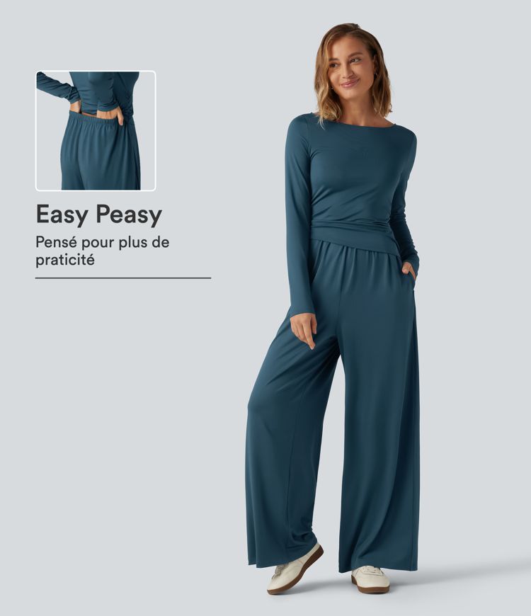 Combinaison accès facile Easy Peasy à encolure bateau, manches longues, coupe large et fronces avec poches
