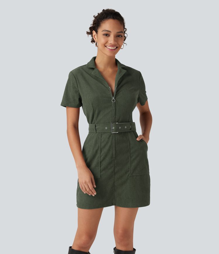 Robe mini en velours côtelé ceinturée à manches courtes avec poches