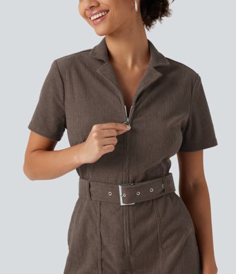 Robe mini en velours côtelé ceinturée à manches courtes avec poches