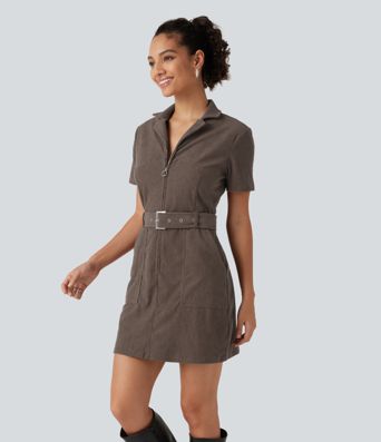 Robe mini en velours côtelé ceinturée à manches courtes avec poches