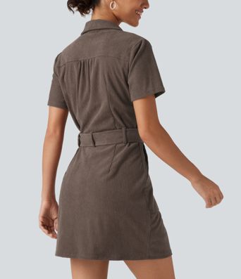 Robe mini en velours côtelé ceinturée à manches courtes avec poches