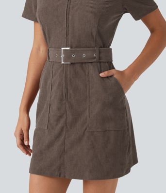 Robe mini en velours côtelé ceinturée à manches courtes avec poches