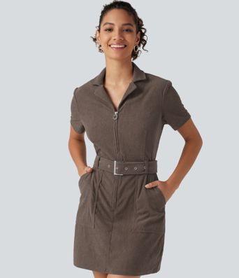 Robe mini en velours côtelé ceinturée à manches courtes avec poches