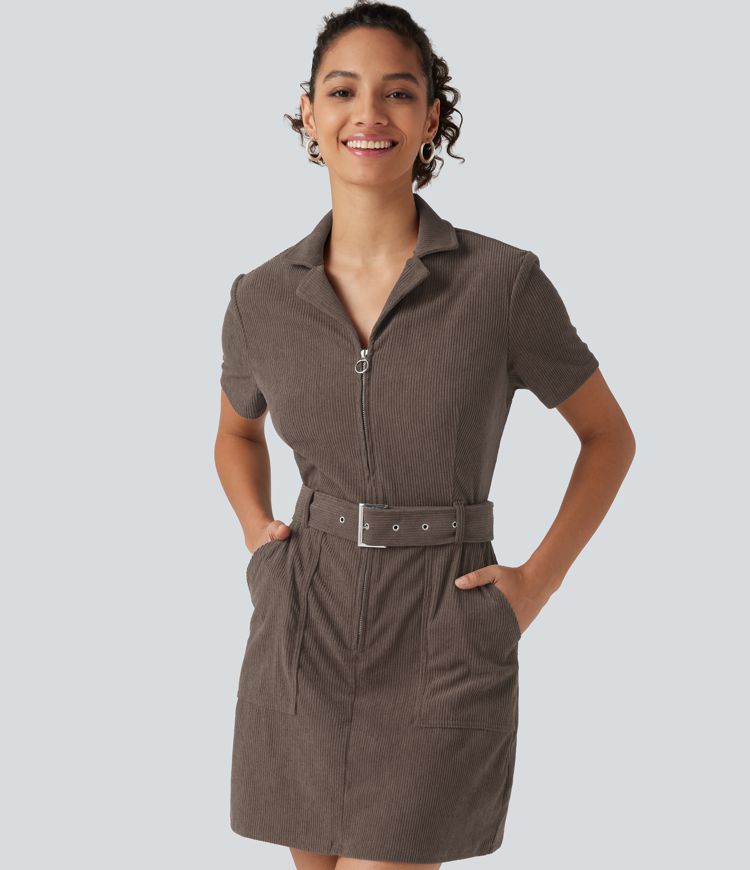 Robe mini en velours côtelé ceinturée à manches courtes avec poches