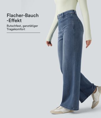 Halara Flex™ - Lässige Jeans mit mittelhohem Bund, Gesäßtaschen, Bauchkontrolle und weitem Bein Halara Flex™ - Lässige Jeans mit mittelhohem Bund, Gesäßtaschen, Bauchkontrolle und weitem Bein