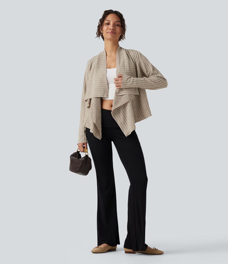 Ribbed Knit Collared Open Front Long Sleeve Casual Cardigan Ribbed Knit Collared Open Front Long Sleeve Casual Cardigan