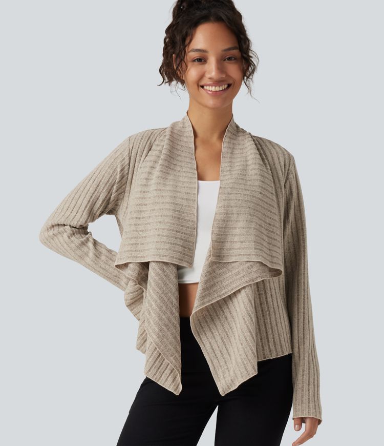 Ribbed Knit Collared Open Front Long Sleeve Casual Cardigan Ribbed Knit Collared Open Front Long Sleeve Casual Cardigan