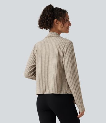 Ribbed Knit Collared Open Front Long Sleeve Casual Cardigan Ribbed Knit Collared Open Front Long Sleeve Casual Cardigan