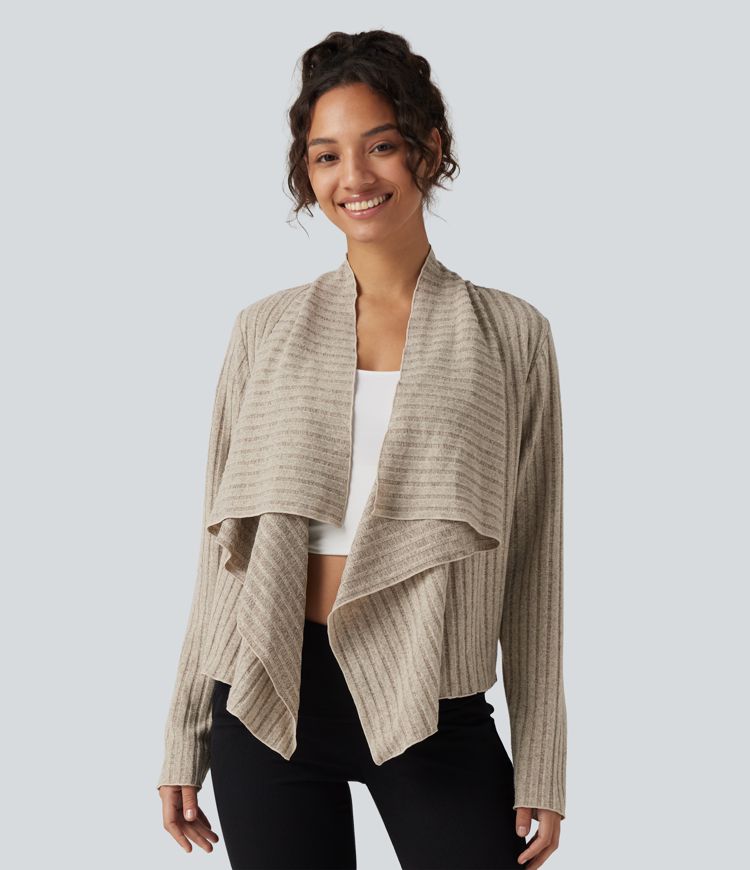 Ribbed Knit Collared Open Front Long Sleeve Casual Cardigan Ribbed Knit Collared Open Front Long Sleeve Casual Cardigan