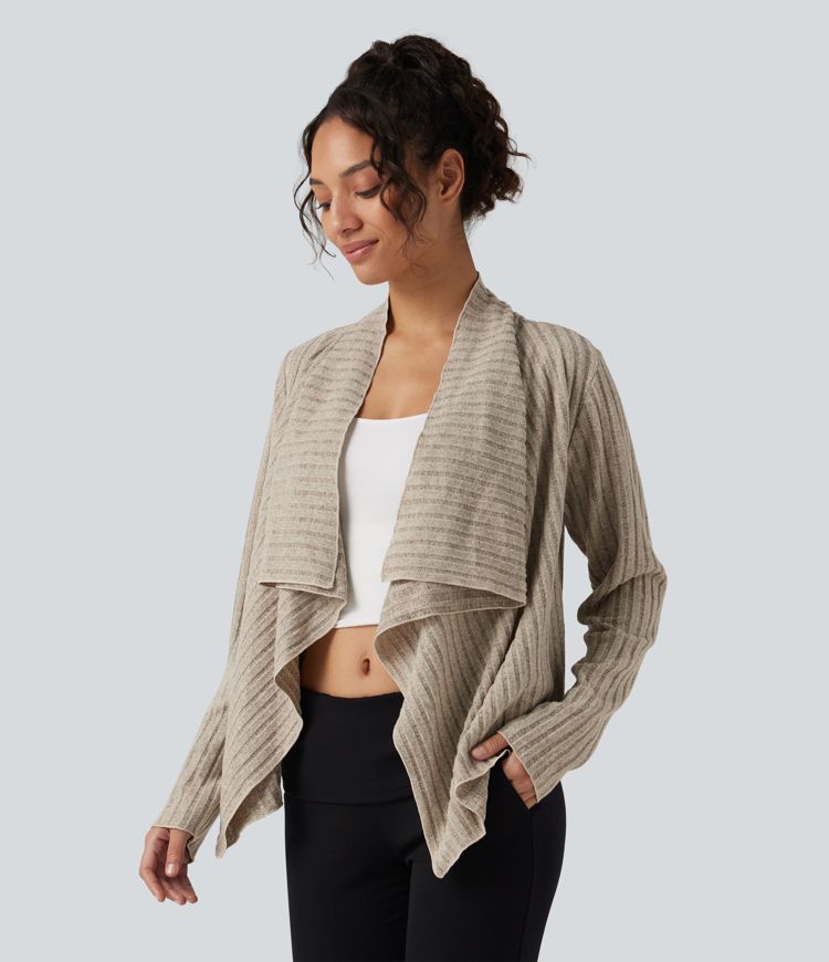 Ribbed Knit Collared Open Front Long Sleeve Casual Cardigan Ribbed Knit Collared Open Front Long Sleeve Casual Cardigan