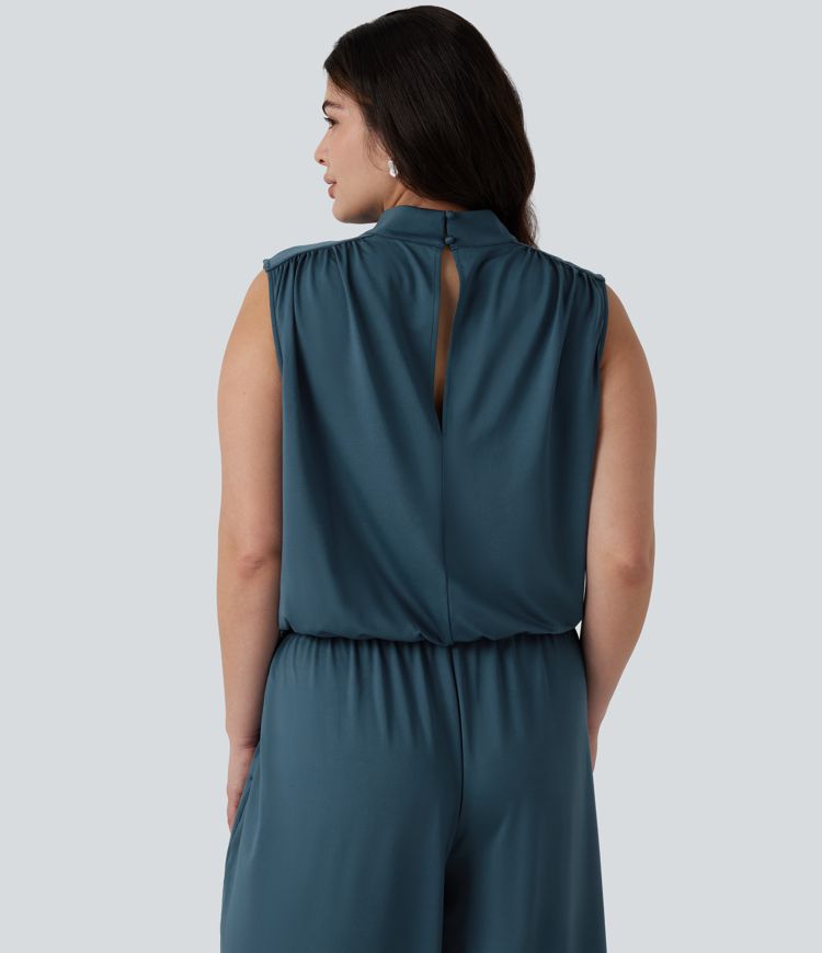 Plus Size Stand Collar Sleeveless Party Jumpsuit with Pockets-Easy Peezy Edition