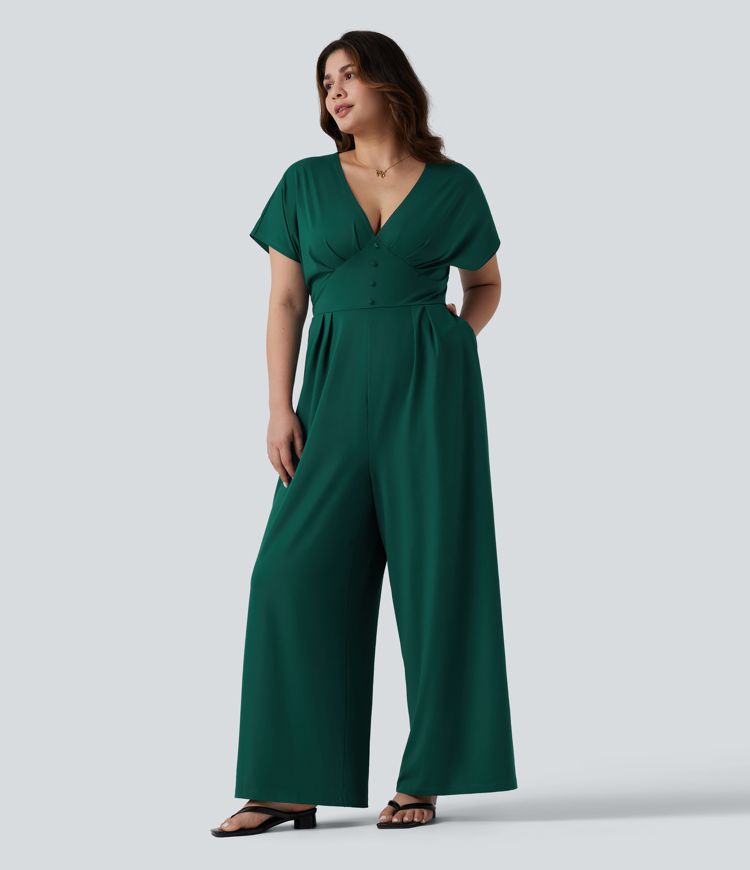 Plus Size V Neck Short Sleeve Wide Leg Casual Jumpsuit with Pockets-Easy Peezy Edition