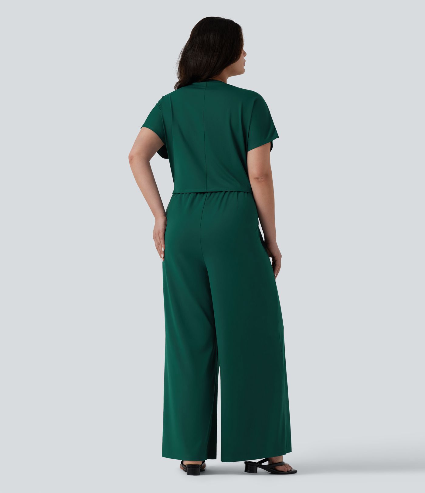 Plus Size V Neck Short Sleeve Wide Leg Casual Jumpsuit with Pockets-Easy Peezy Edition