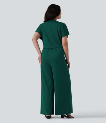 Plus Size V Neck Short Sleeve Wide Leg Casual Jumpsuit with Pockets-Easy Peezy Edition