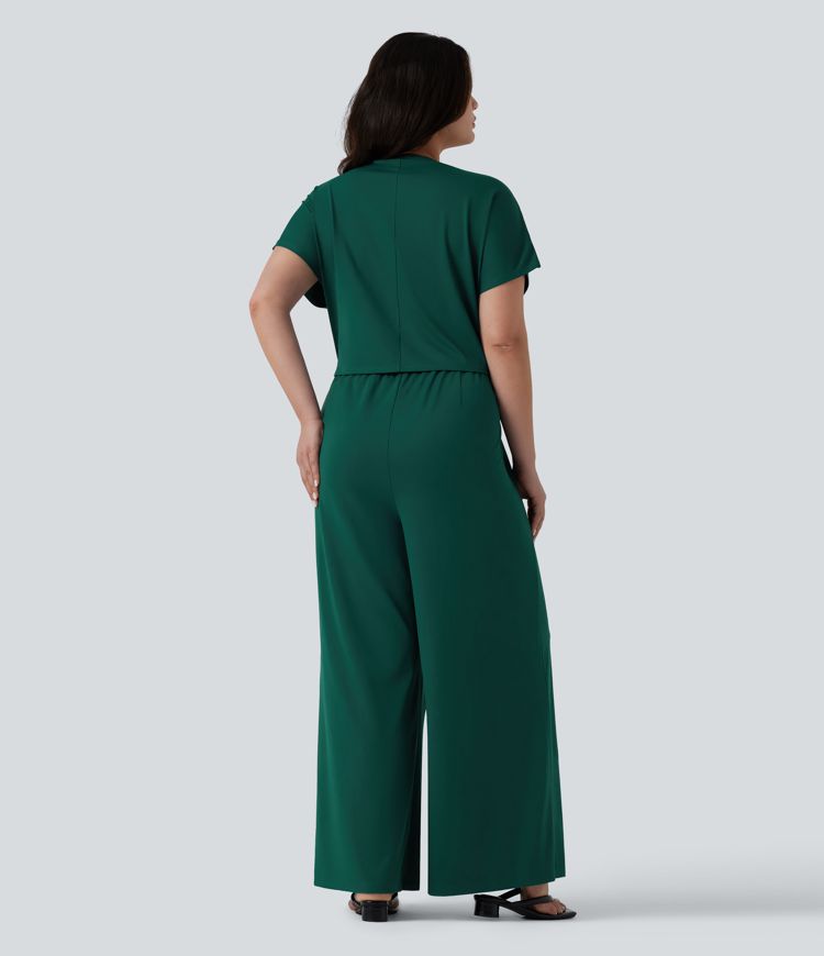 Plus Size V Neck Short Sleeve Wide Leg Casual Jumpsuit with Pockets-Easy Peezy Edition