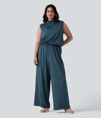 Plus Size Stand Collar Sleeveless Party Jumpsuit with Pockets-Easy Peezy Edition