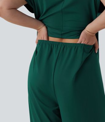 Plus Size V Neck Short Sleeve Wide Leg Casual Jumpsuit with Pockets-Easy Peezy Edition