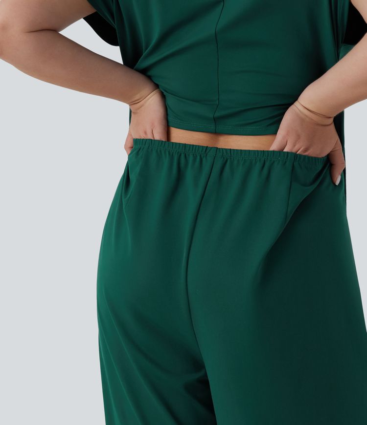 Plus Size V Neck Short Sleeve Wide Leg Casual Jumpsuit with Pockets-Easy Peezy Edition