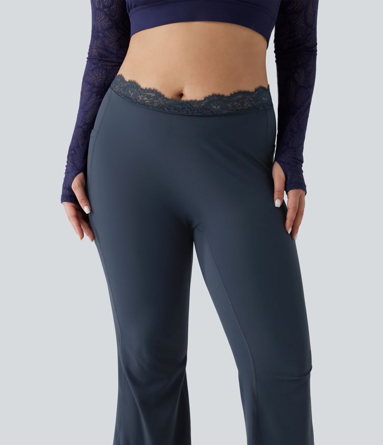 Halara UltraSculpt™ Plus Size V-Shaped High Waisted Contrast Lace Yoga Flare Leggings with Pockets