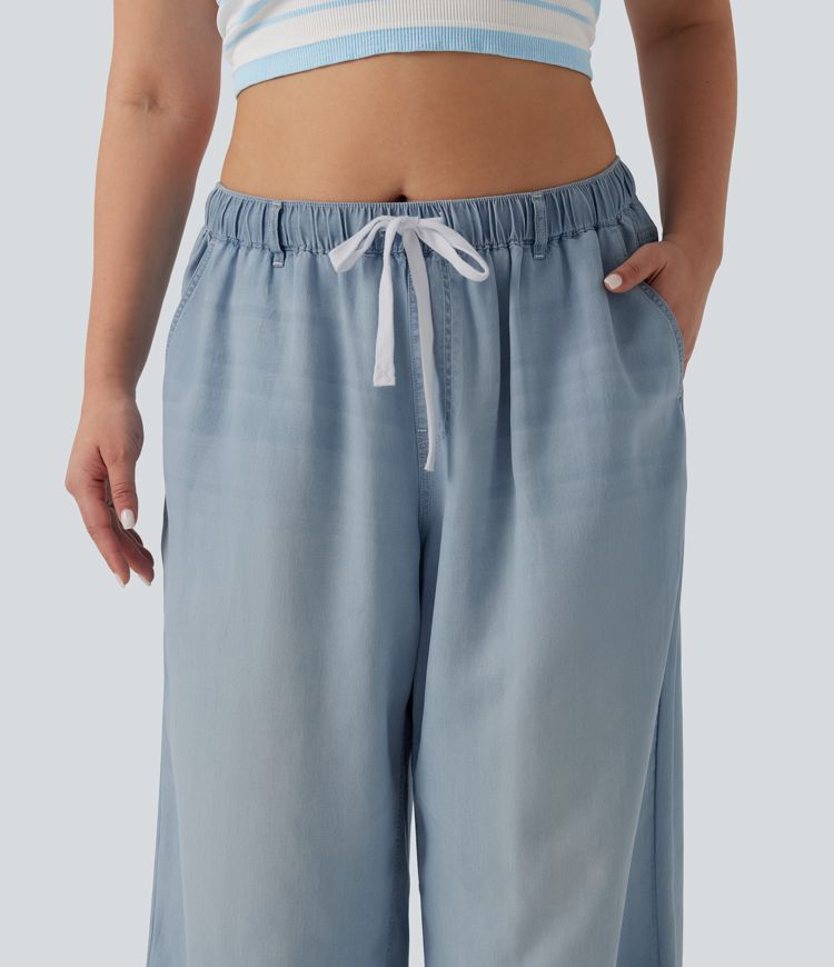 Plus Size Mid Rise Drawstring Casual Jeans with Pockets