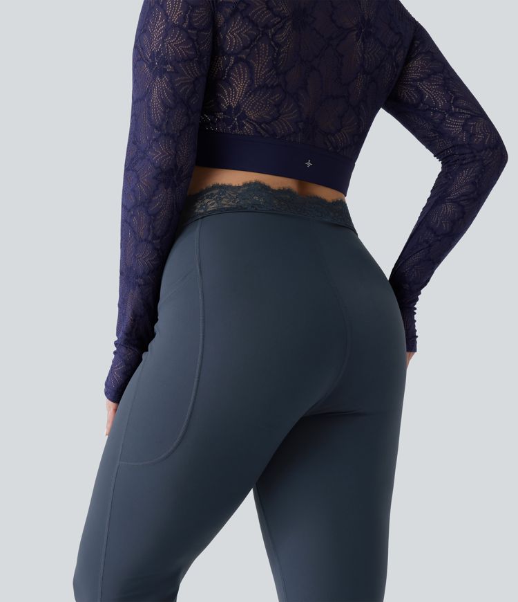 Halara UltraSculpt™ Plus Size V-Shaped High Waisted Contrast Lace Yoga Flare Leggings with Pockets