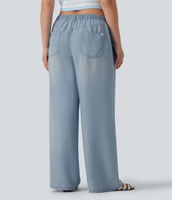 Plus Size Mid Rise Drawstring Casual Jeans with Pockets