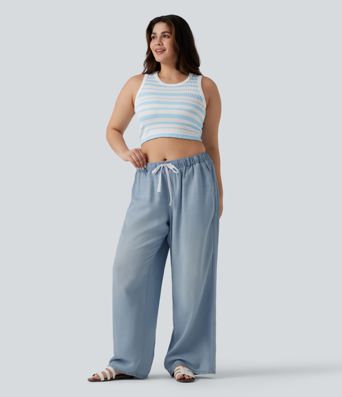 Plus Size Mid Rise Drawstring Casual Jeans with Pockets